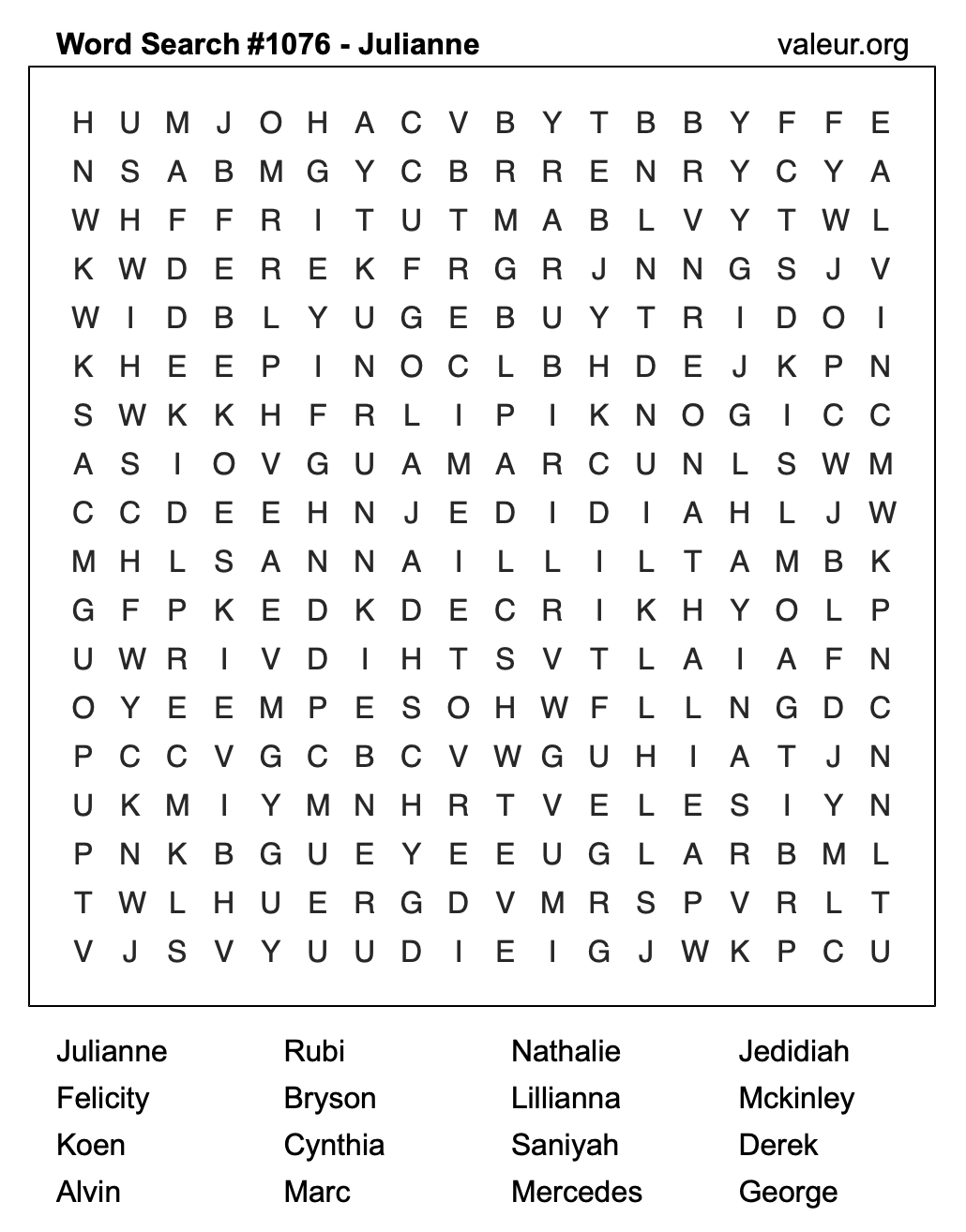 Word Search Puzzle with the name Julianne #1076