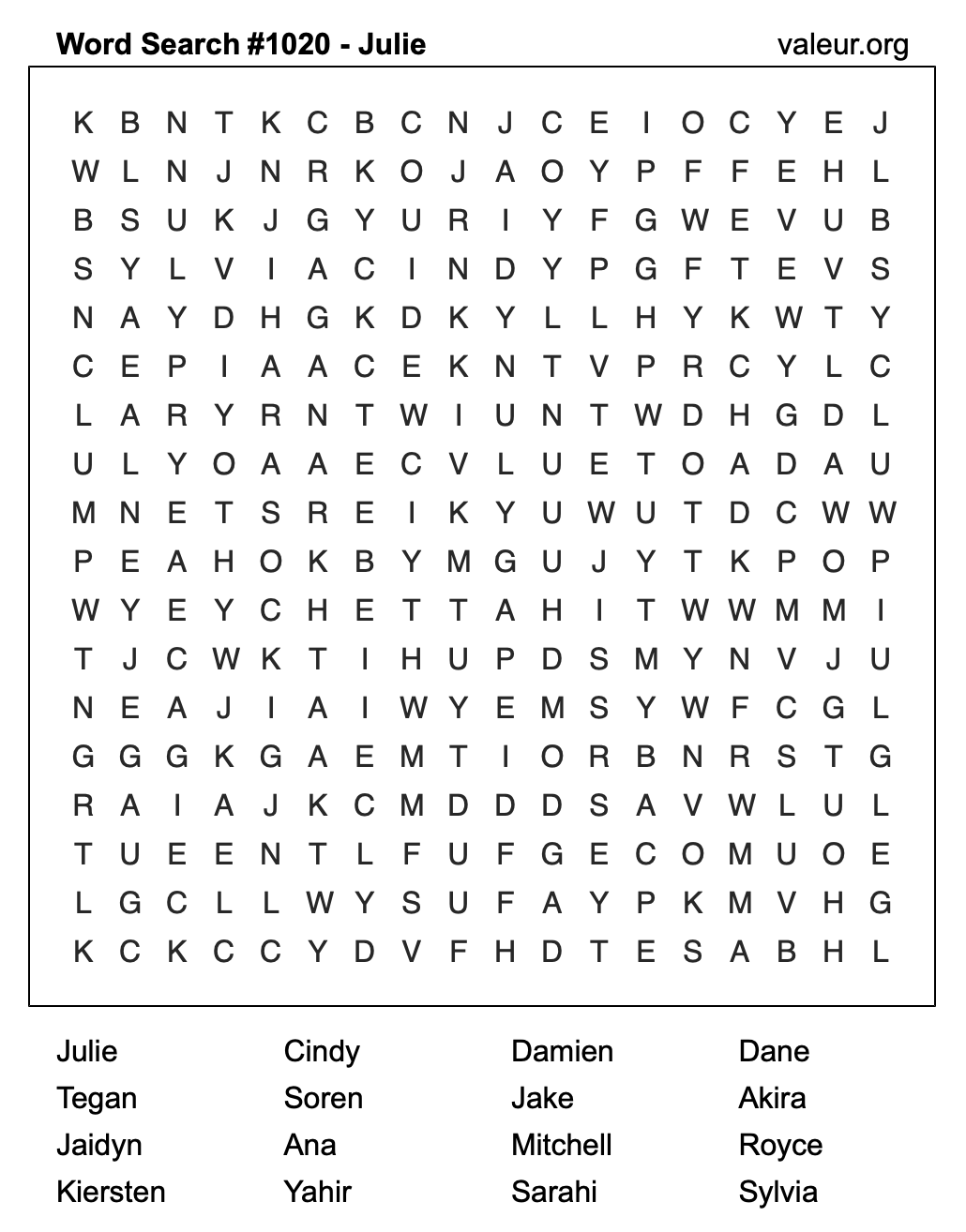 Word Search Puzzle with the name Julie #1020