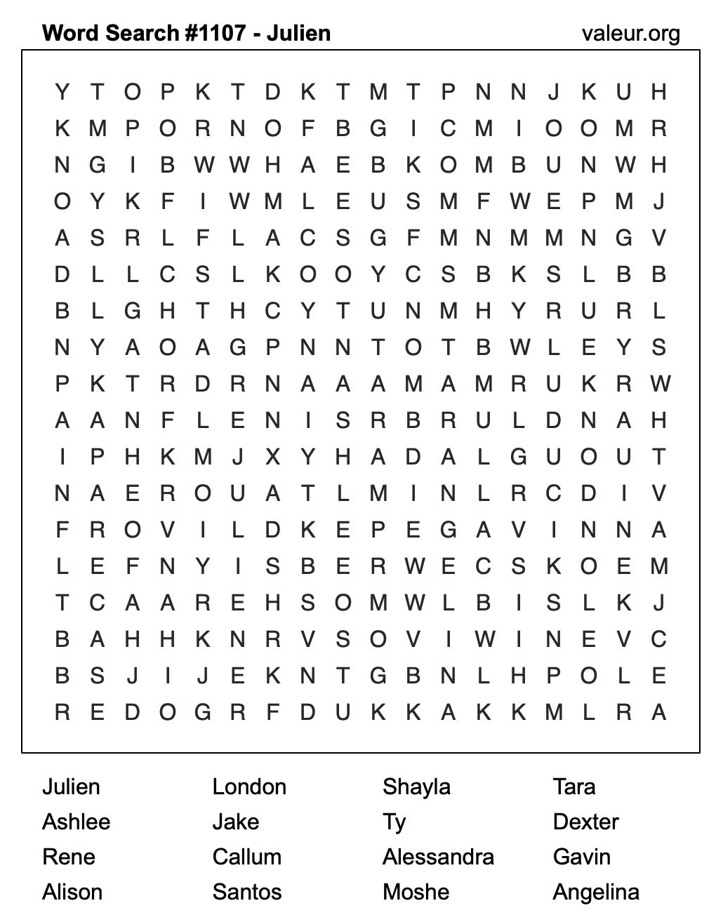 Word Search Puzzle with the name Julien #1107