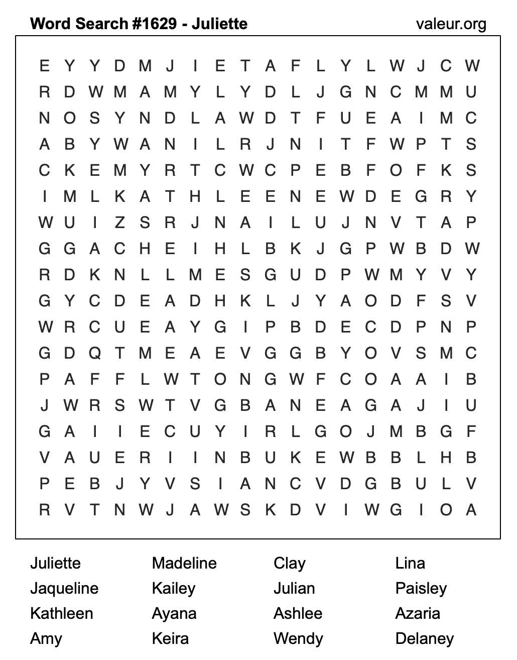 Word Search Puzzle with the name Juliette #1629 Word Search Puzzle with the name Juliette #1629