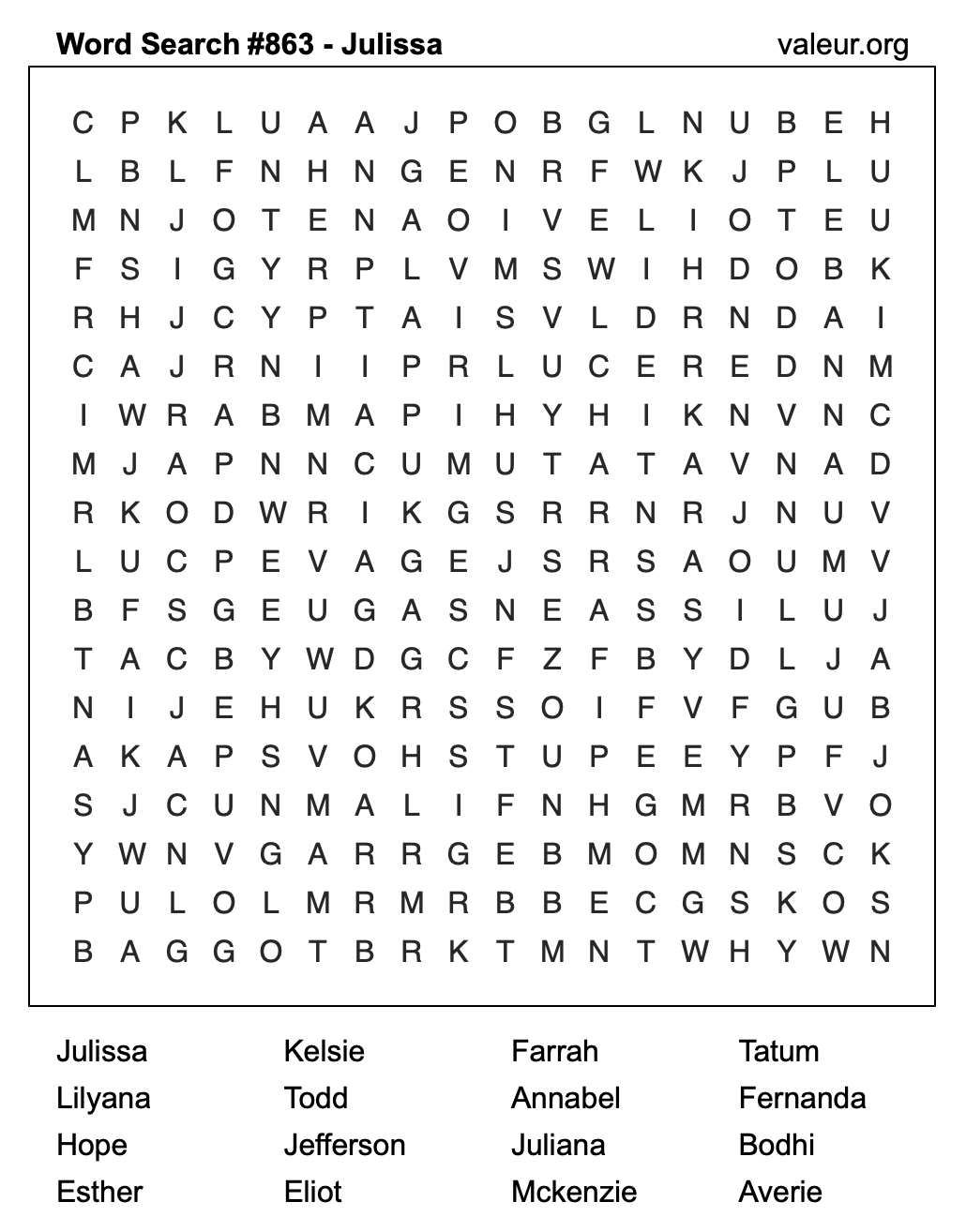 Word Search Puzzle with the name Julissa #863 Word Search Puzzle with the name Julissa #863