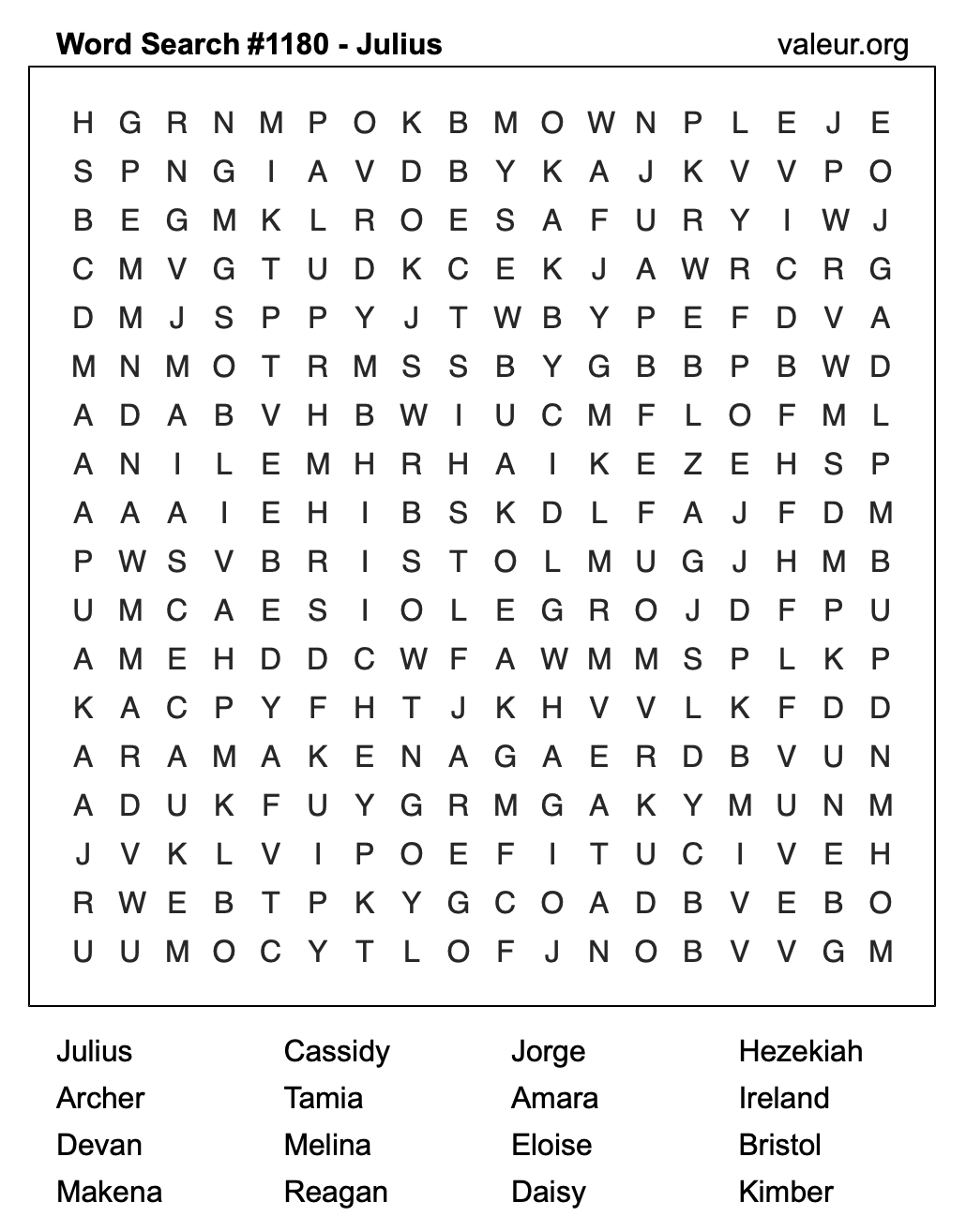 Word Search Puzzle with the name Julius #1180