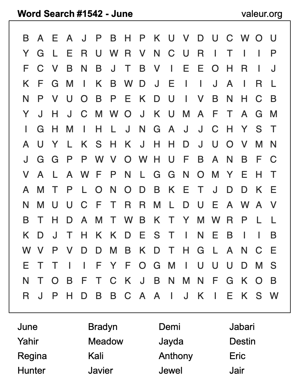 Word Search Puzzle with the name June #1542