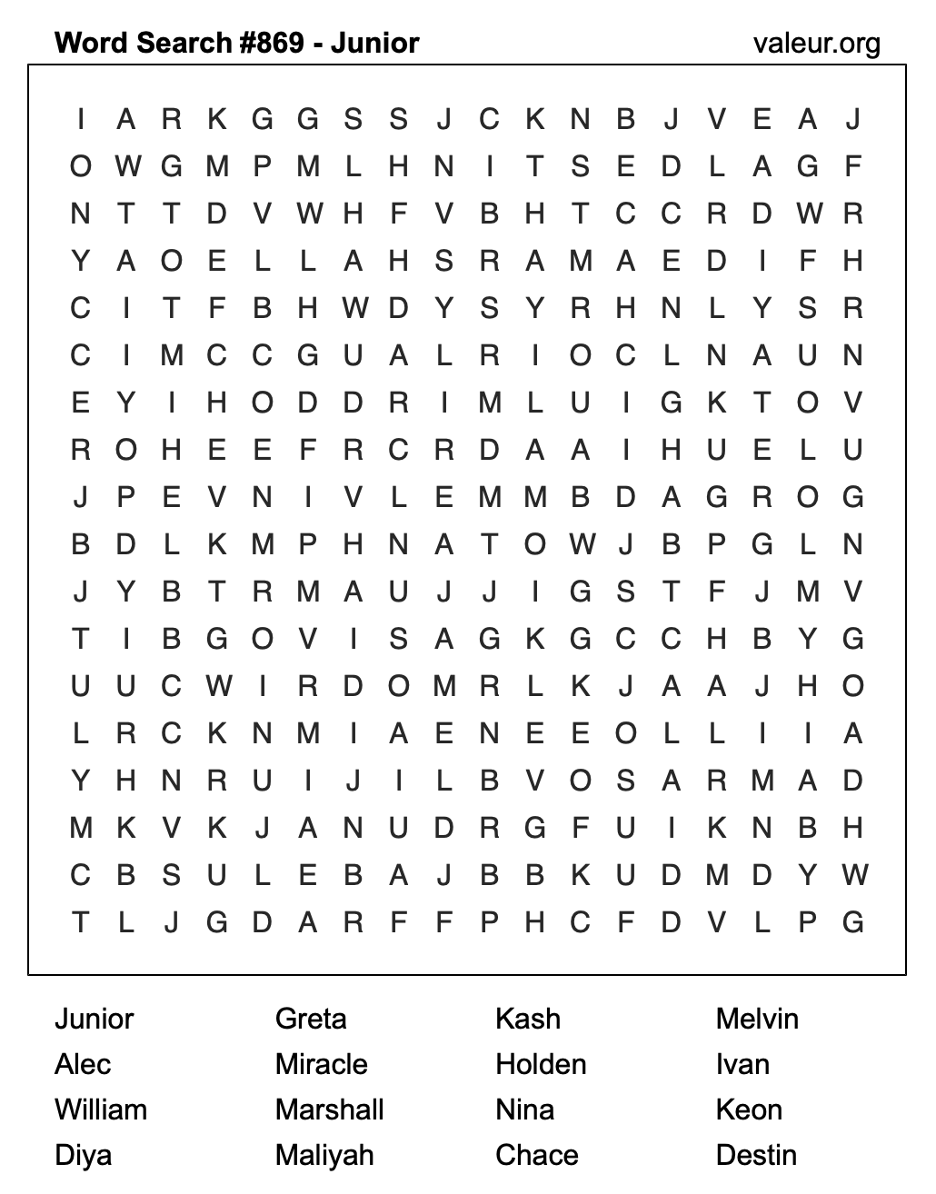 Word Search Puzzle with the name Junior #869 Word Search Puzzle with the name Junior #869