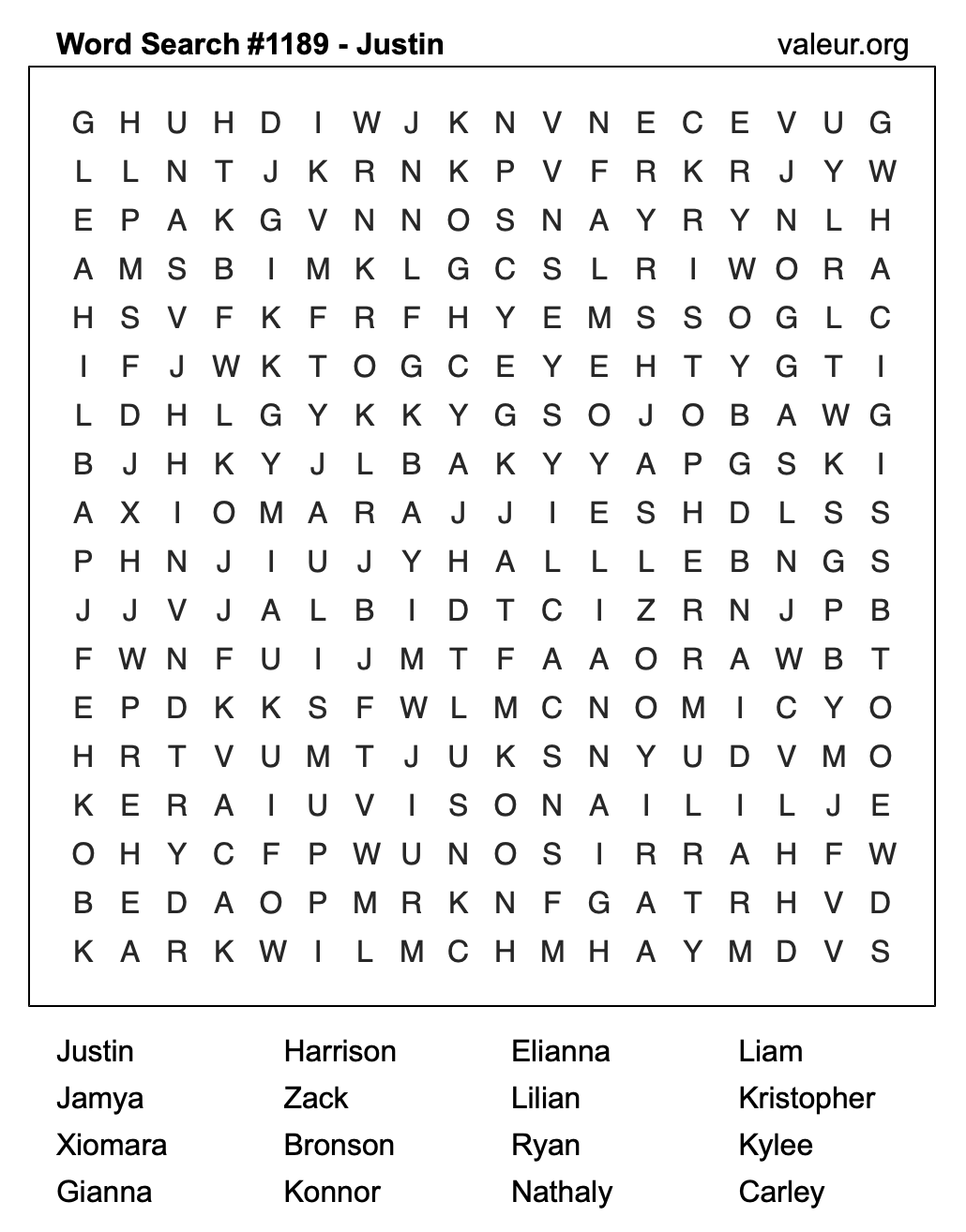 Word Search Puzzle with the name Justin #1189