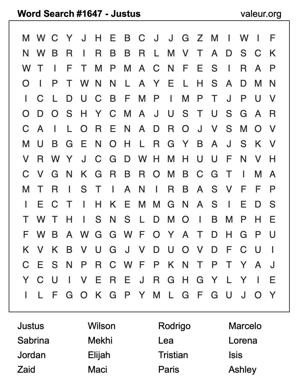 Word Search Puzzle with the name Justus #1647 Word Search Puzzle with the name Justus #1647