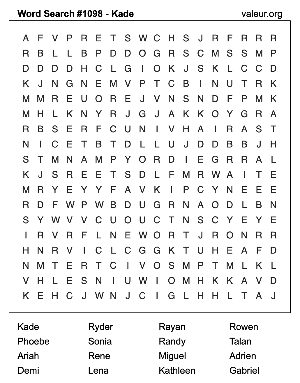 Word Search Puzzle with the name Kade #1098