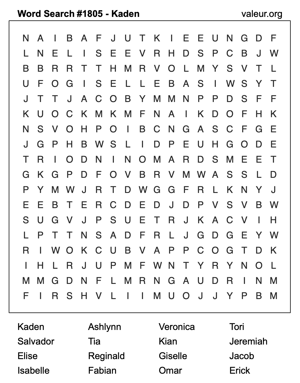 Word Search Puzzle with the name Kaden #1805