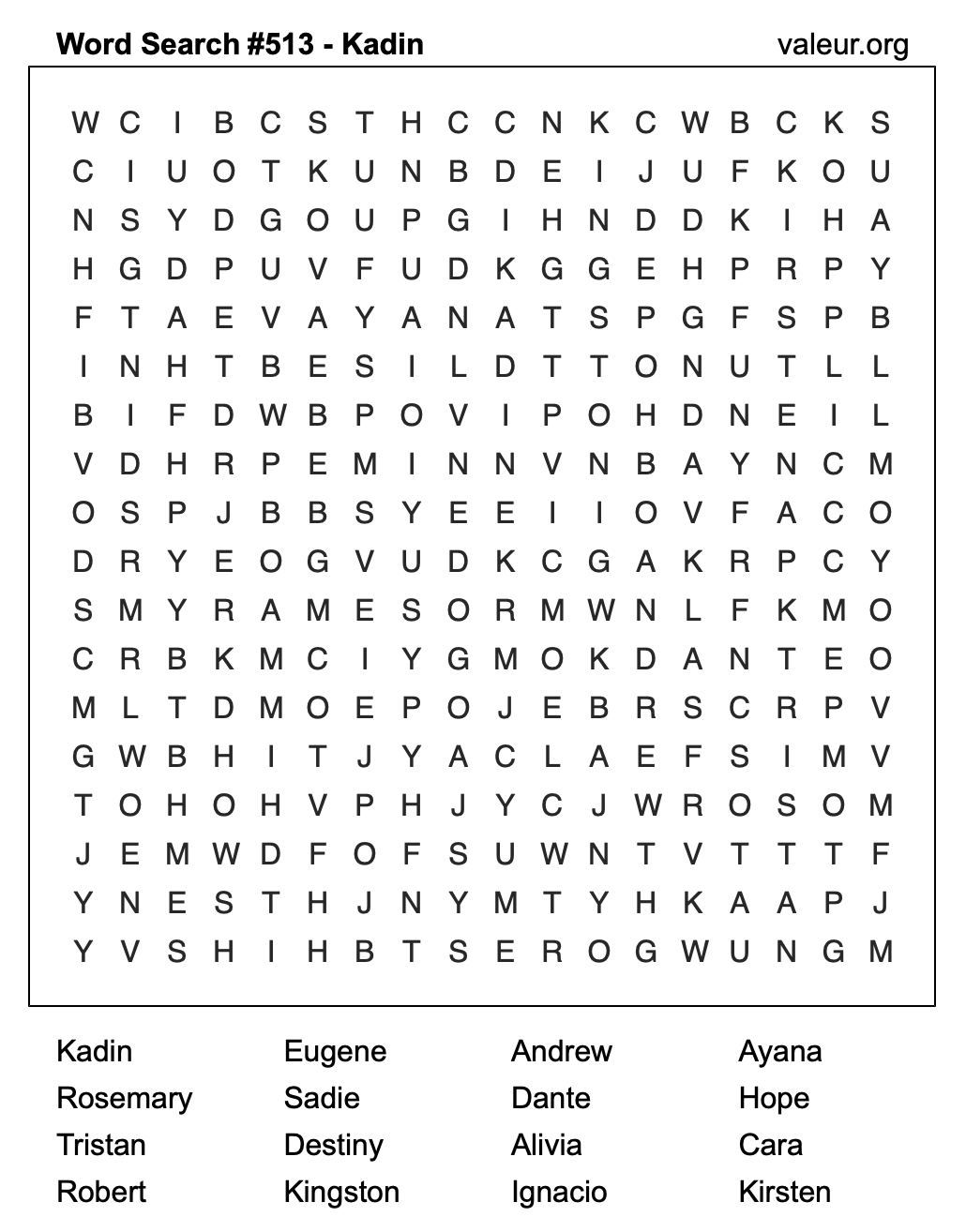 Word Search Puzzle with the name Kadin #513