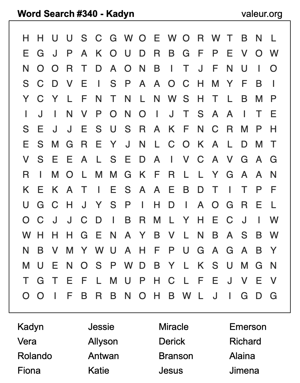 Word Search Puzzle with the name Kadyn #340