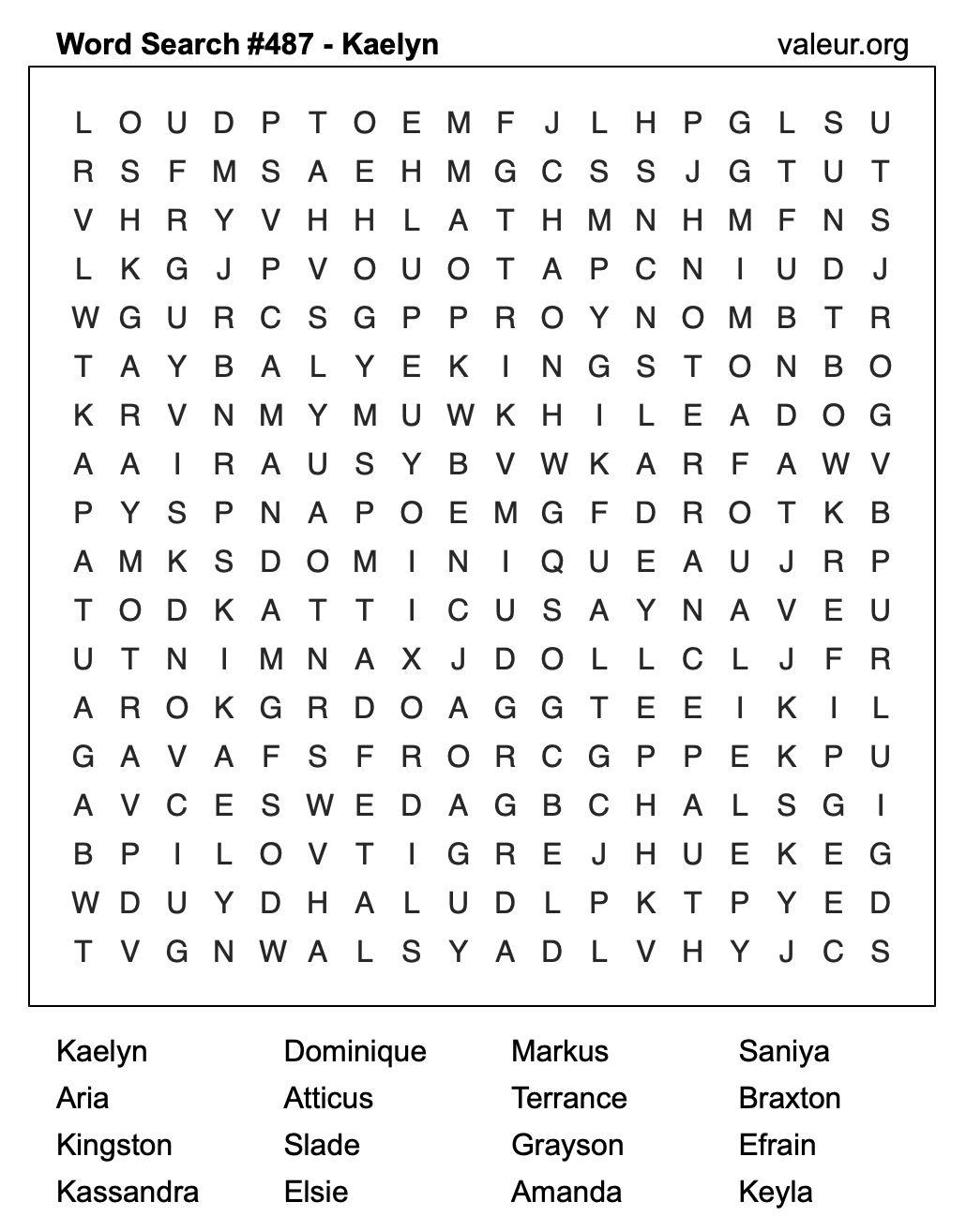Word Search Puzzle with the name Kaelyn #487