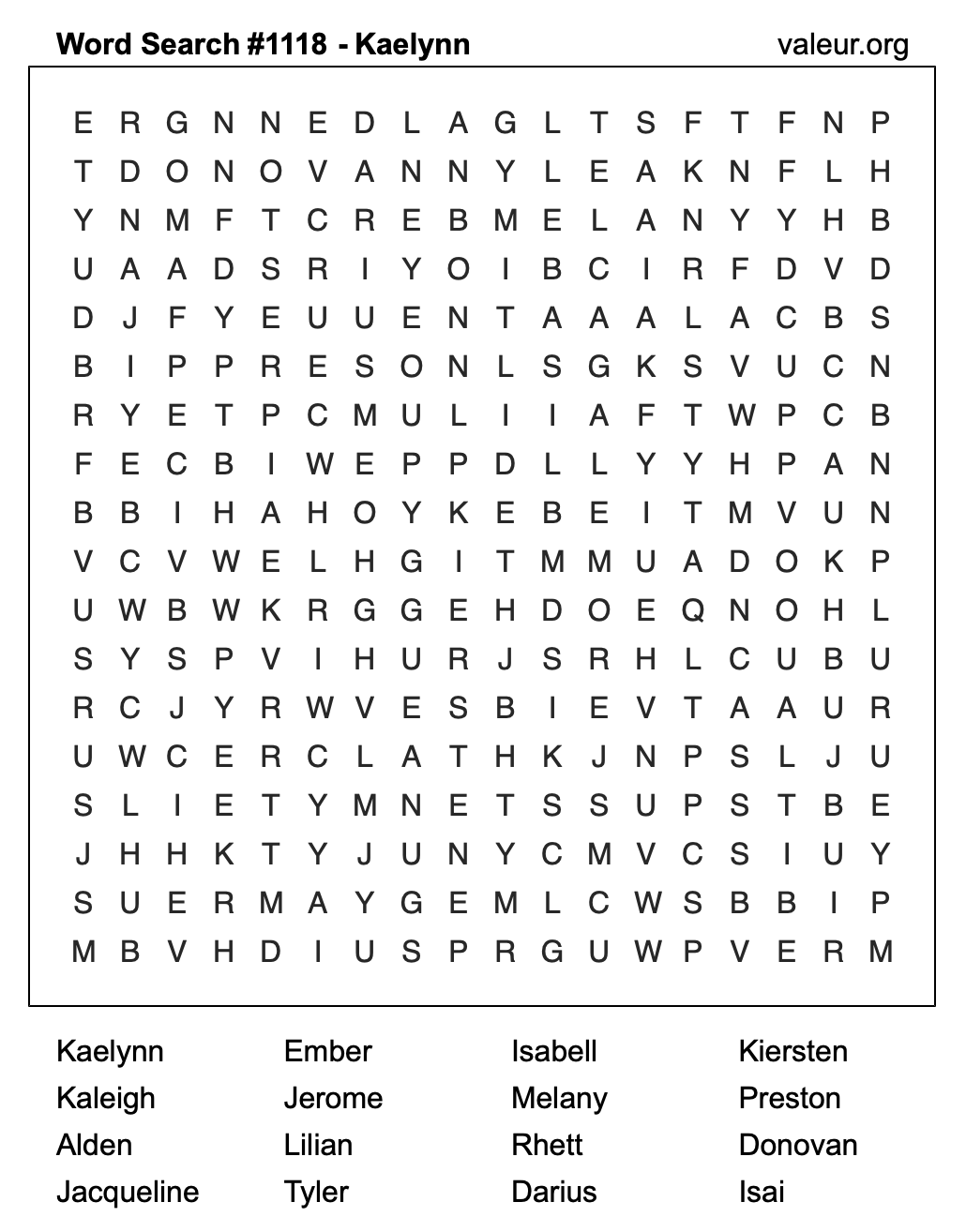 Word Search Puzzle with the name Kaelynn #1118