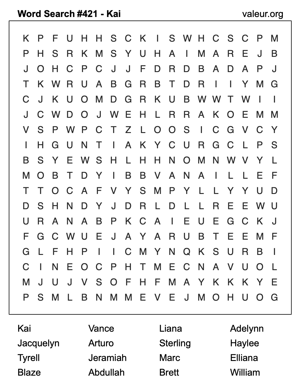 Word Search Puzzle with the name Kai #421