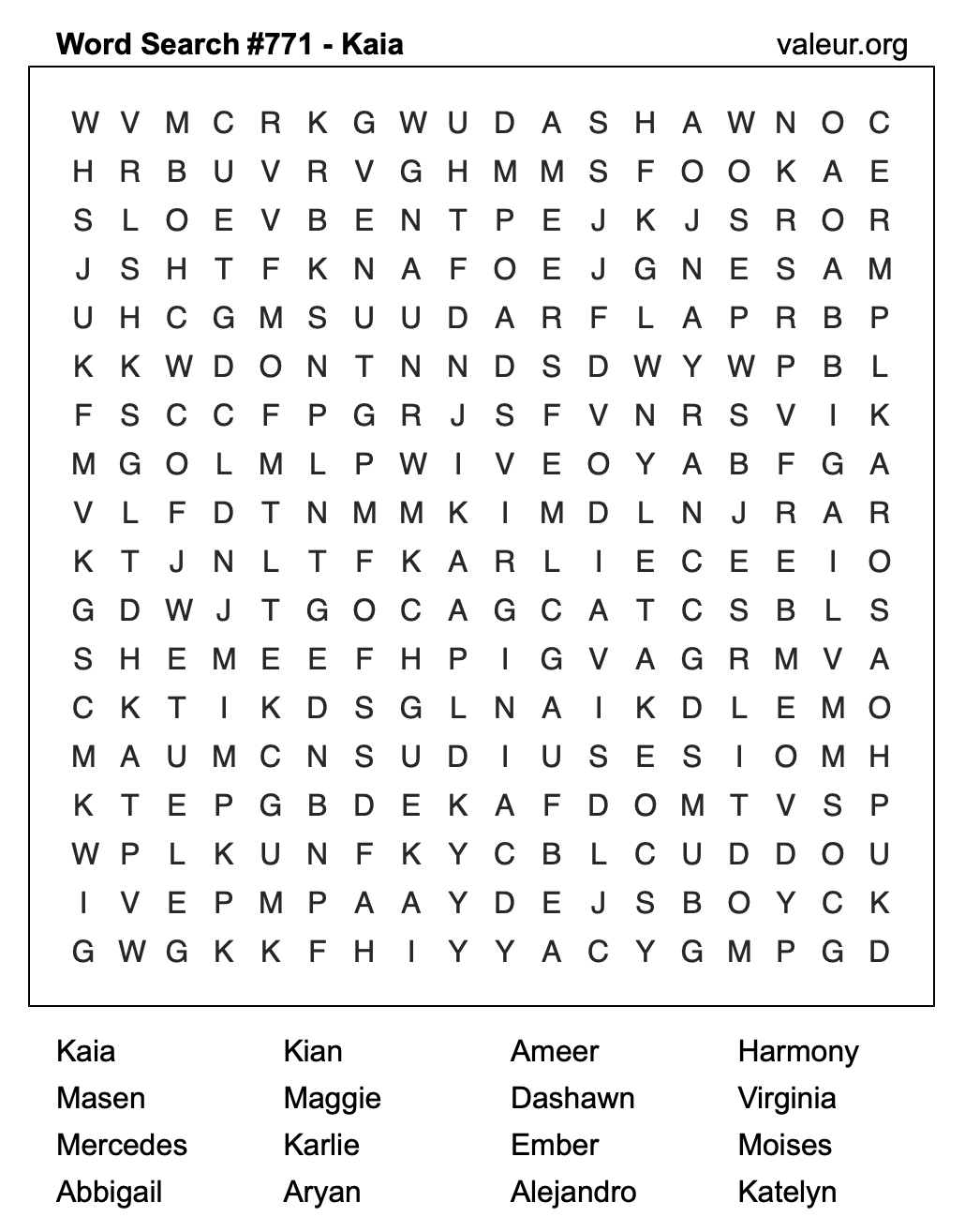 Word Search Puzzle with the name Kaia #771 Word Search Puzzle with the name Kaia #771