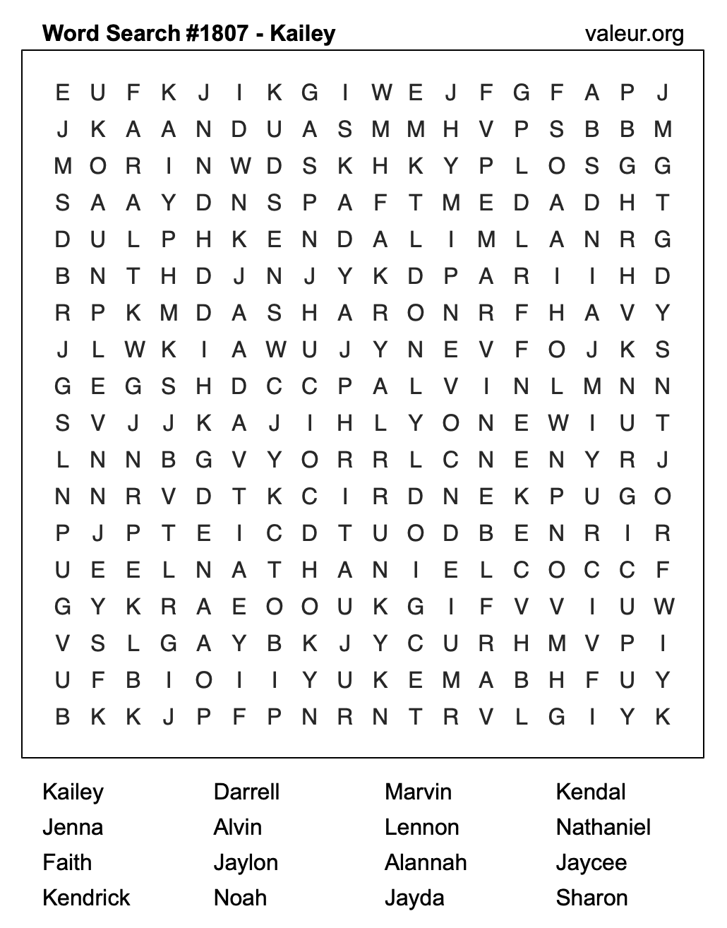 Word Search Puzzle with the name Kailey #1807