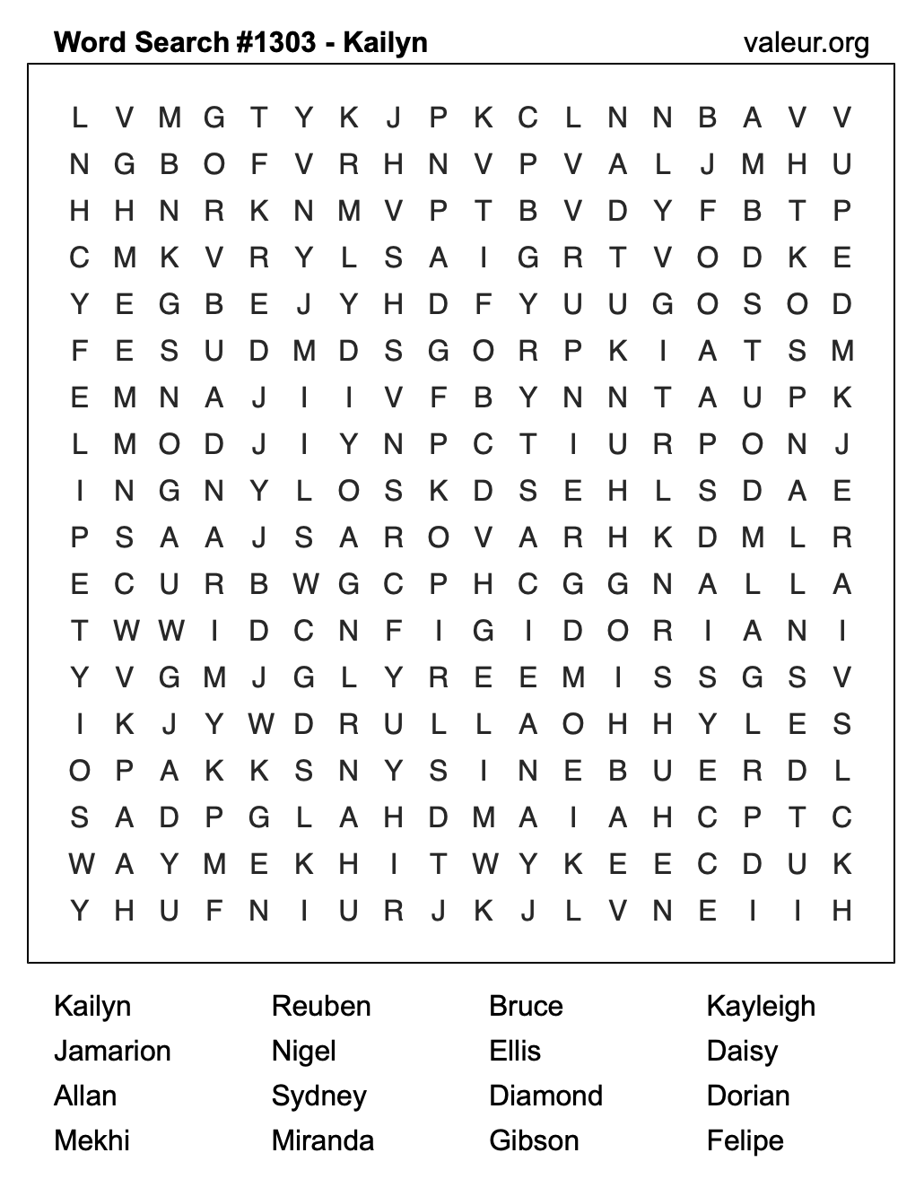 Word Search Puzzle with the name Kailyn #1303
