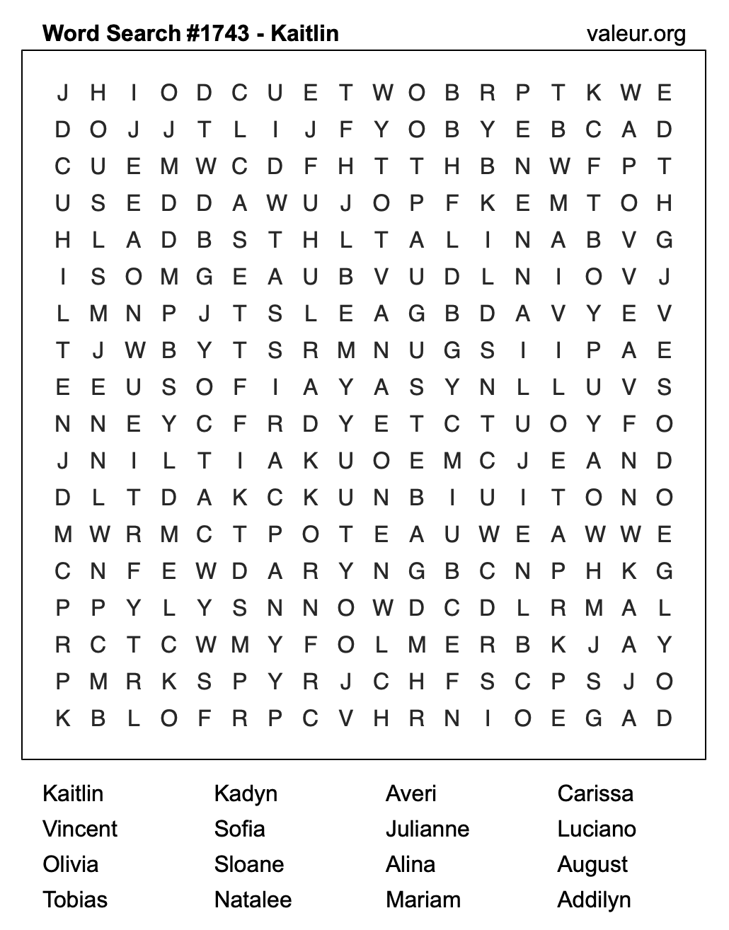 Word Search Puzzle with the name Kaitlin #1743