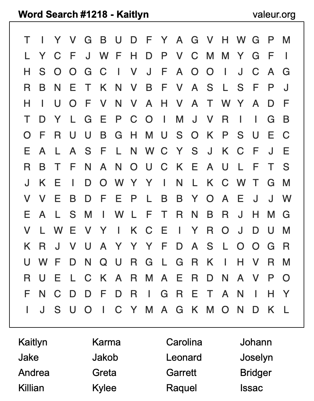 Word Search Puzzle with the name Kaitlyn #1218 Word Search Puzzle with the name Kaitlyn #1218
