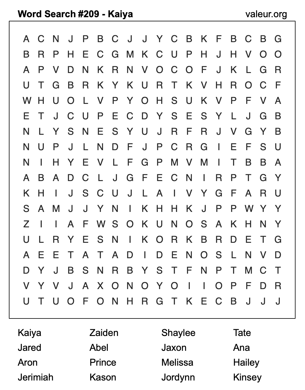 Word Search Puzzle with the name Kaiya #209 Word Search Puzzle with the name Kaiya #209