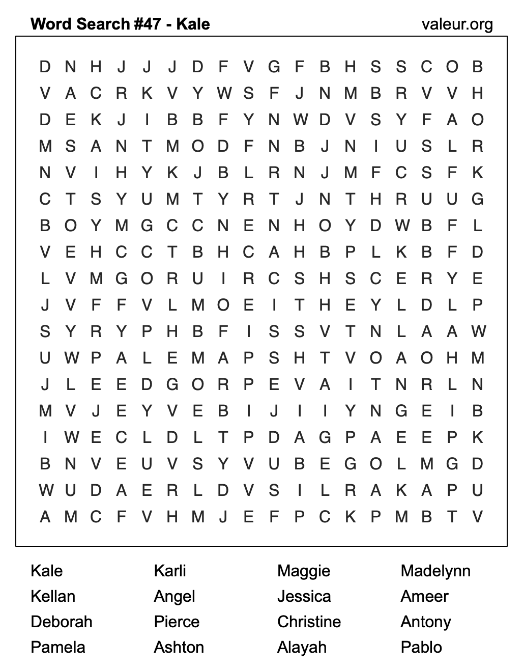 Word Search Puzzle with the name Kale #47 Word Search Puzzle with the name Kale #47