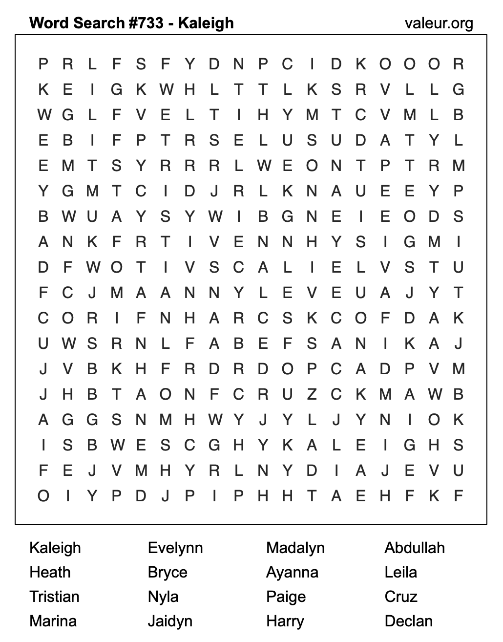 Word Search Puzzle with the name Kaleigh #733