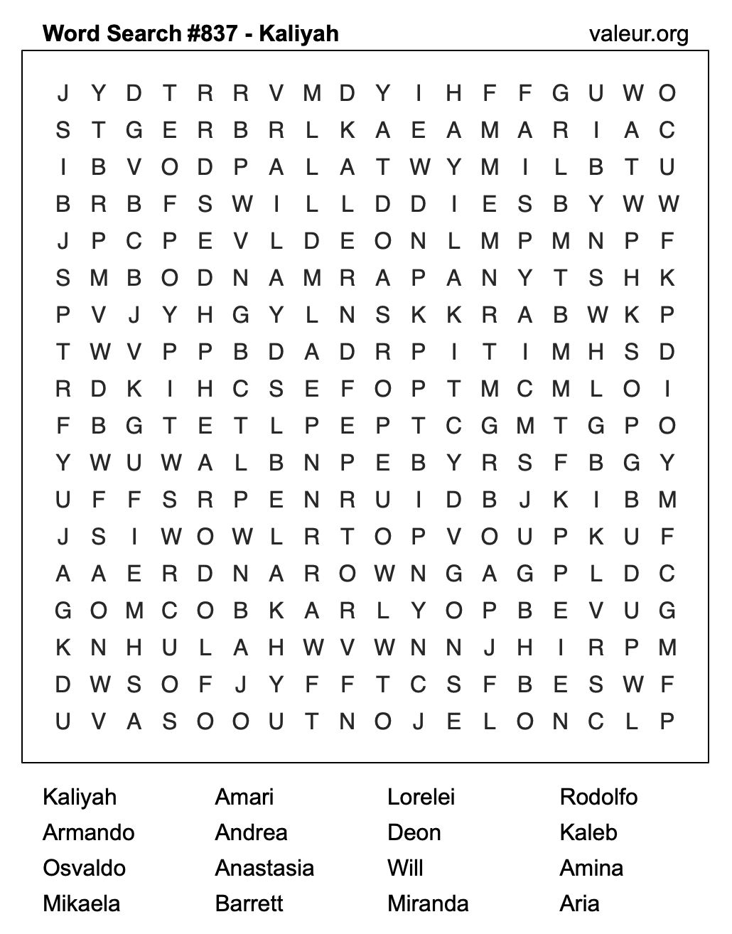 Word Search Puzzle with the name Kaliyah #837 Word Search Puzzle with the name Kaliyah #837