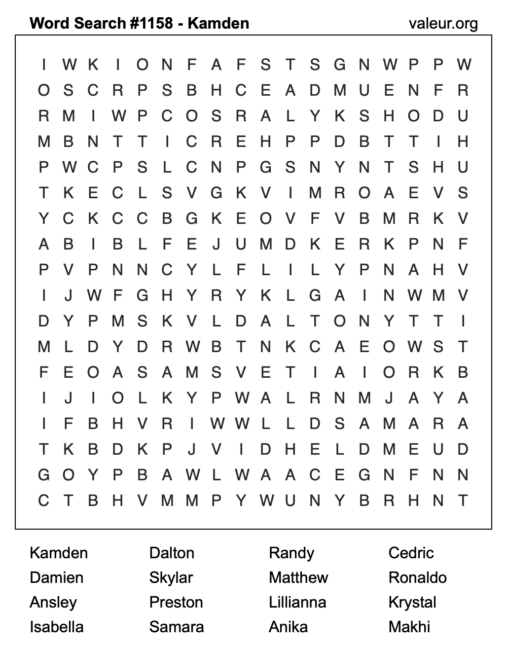 Word Search Puzzle with the name Kamden #1158 Word Search Puzzle with the name Kamden #1158