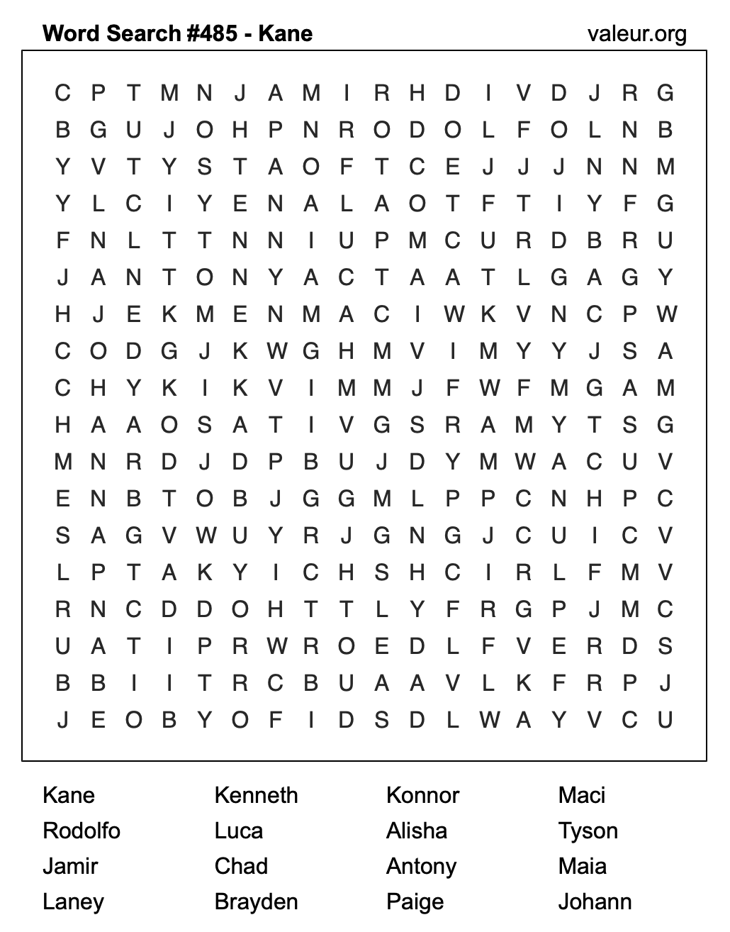 Word Search Puzzle with the name Kane #485 Word Search Puzzle with the name Kane #485