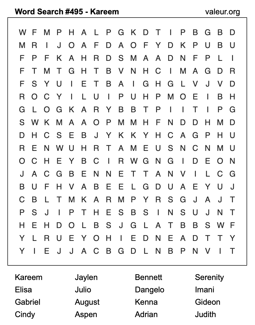 Word Search Puzzle with the name Kareem #495
