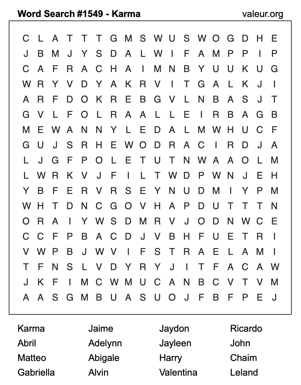 Word Search Puzzle with the name Karma #1549