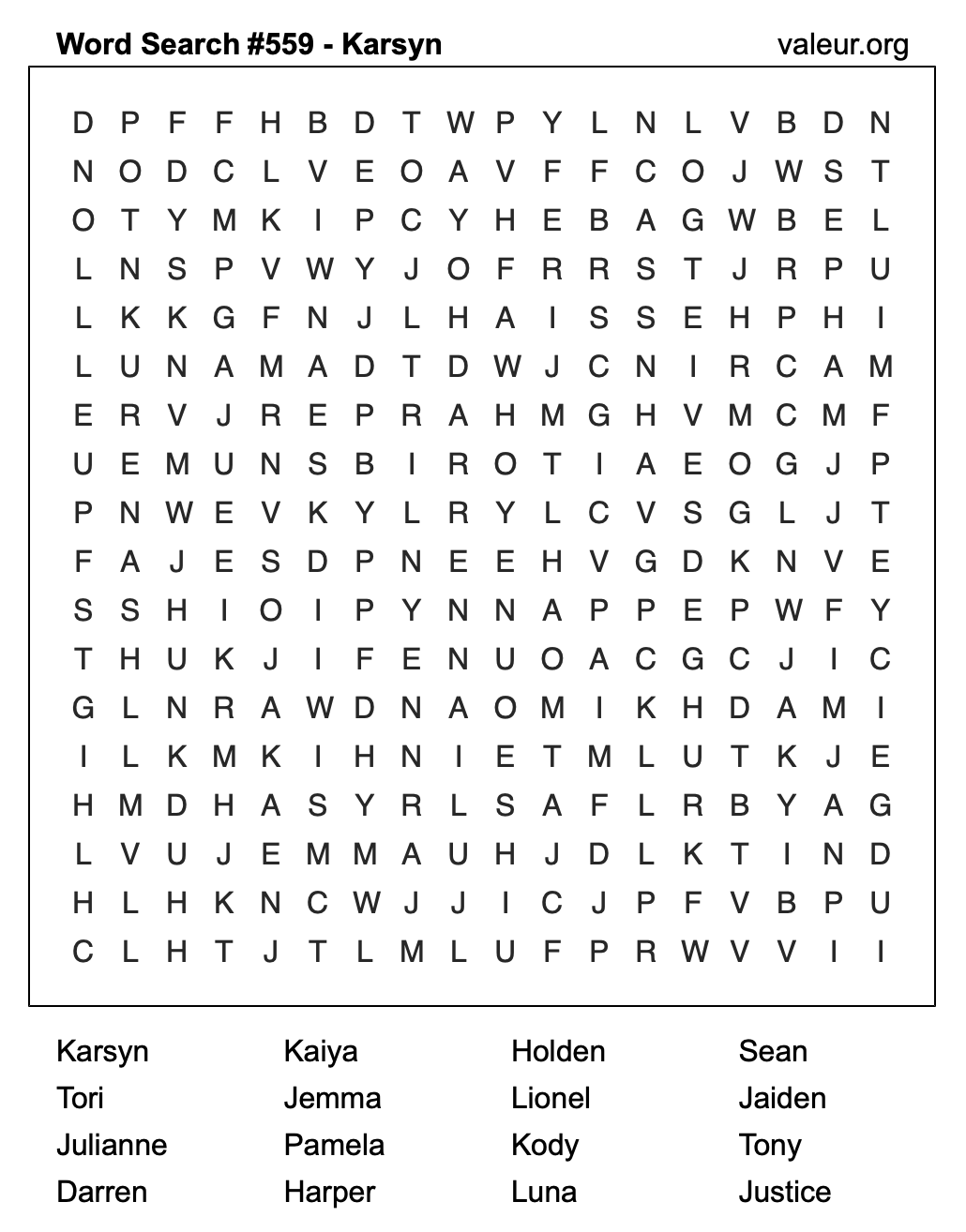 Word Search Puzzle with the name Karsyn #559