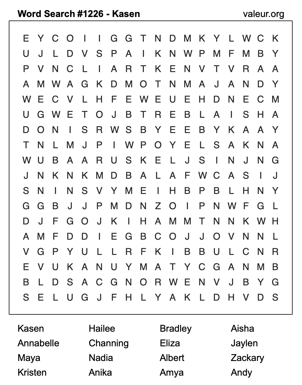 Word Search Puzzle with the name Kasen #1226