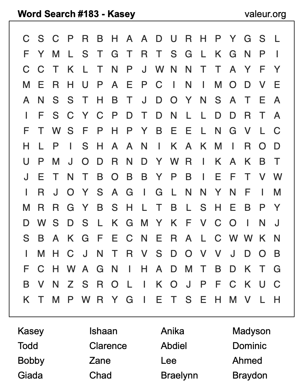 Word Search Puzzle with the name Kasey #183