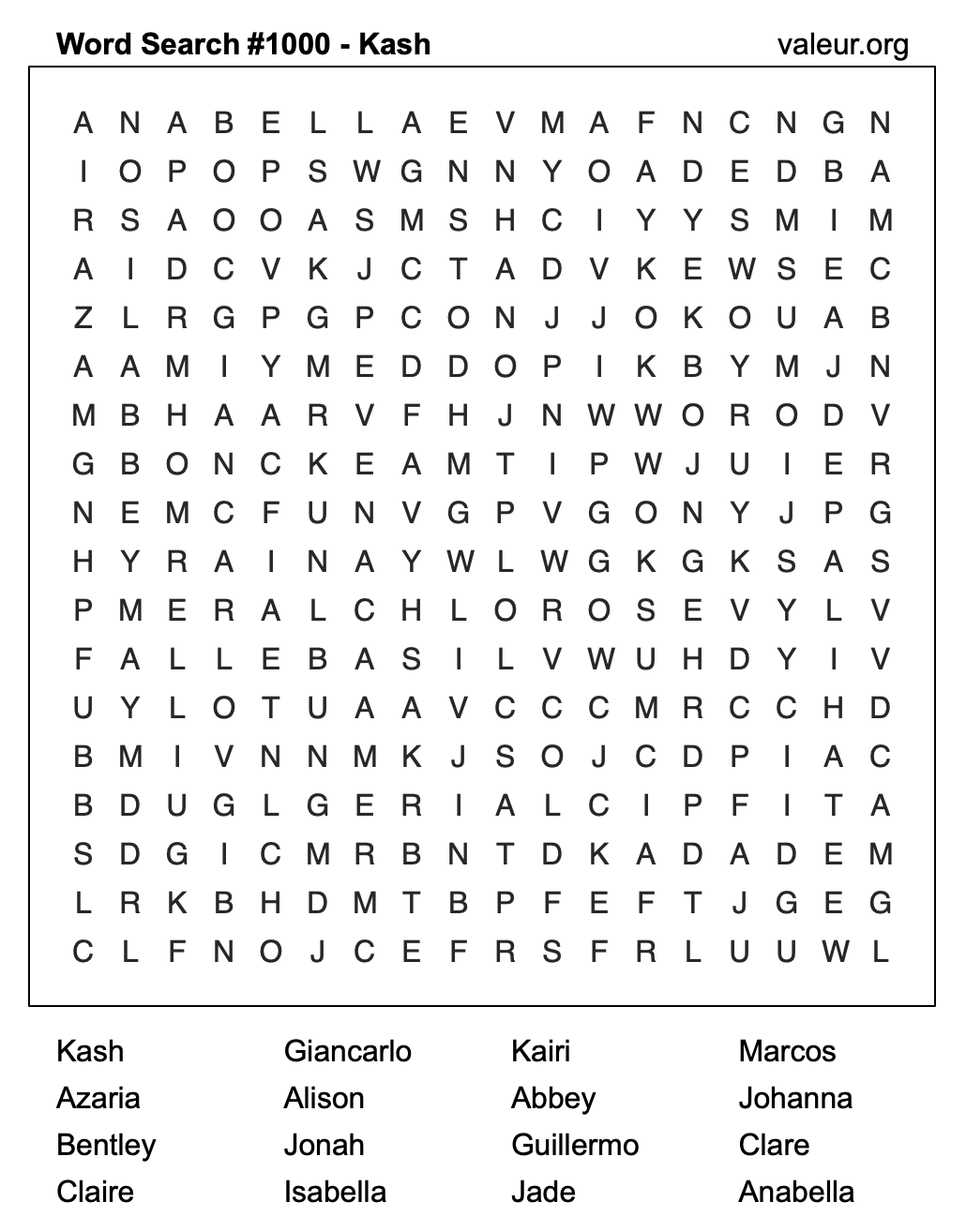 Word Search Puzzle with the name Kash #1000