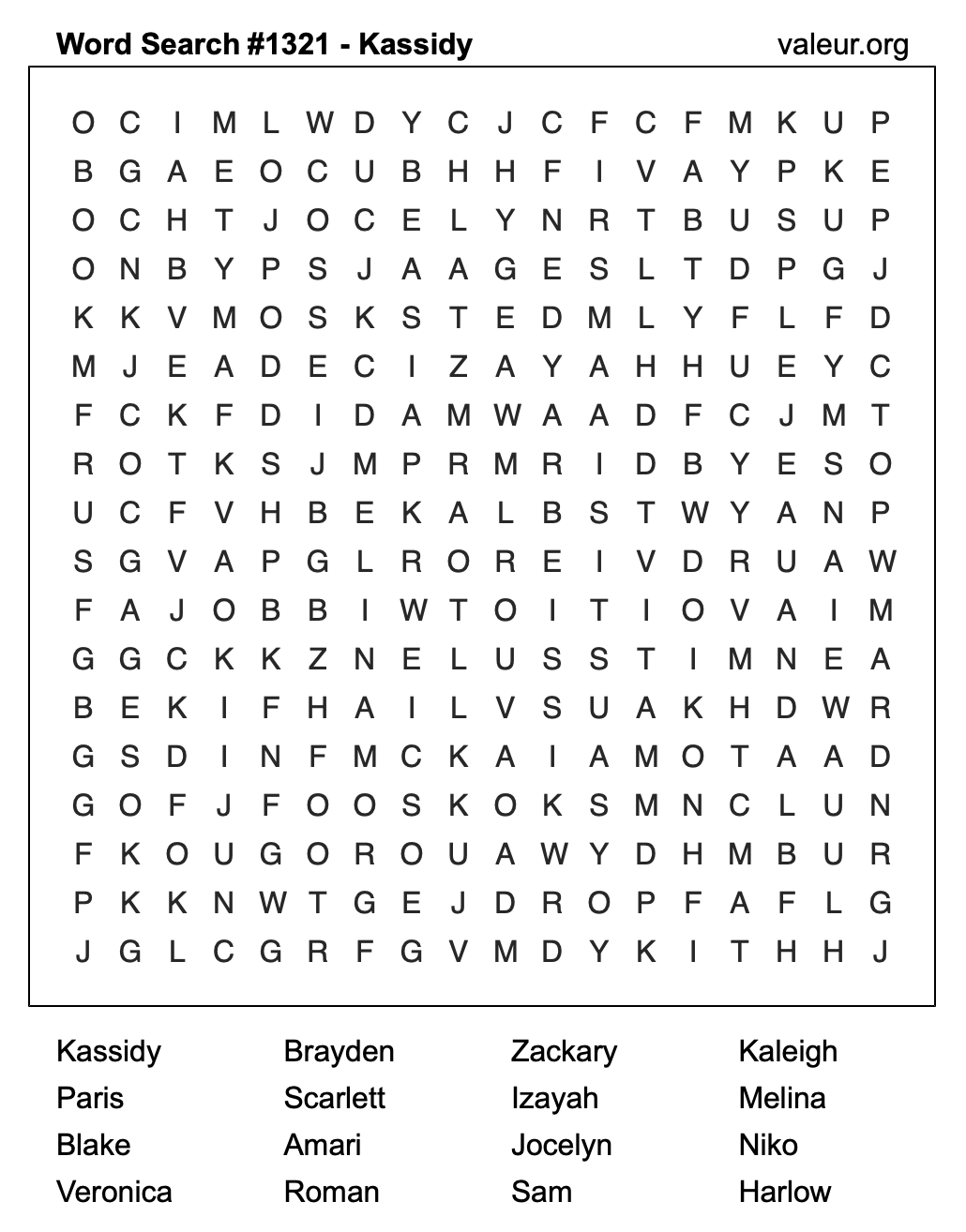 Word Search Puzzle with the name Kassidy #1321