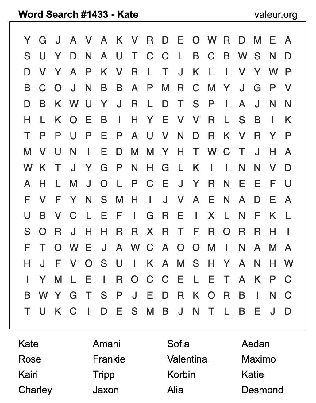 Word Search Puzzle with the name Kate #1433