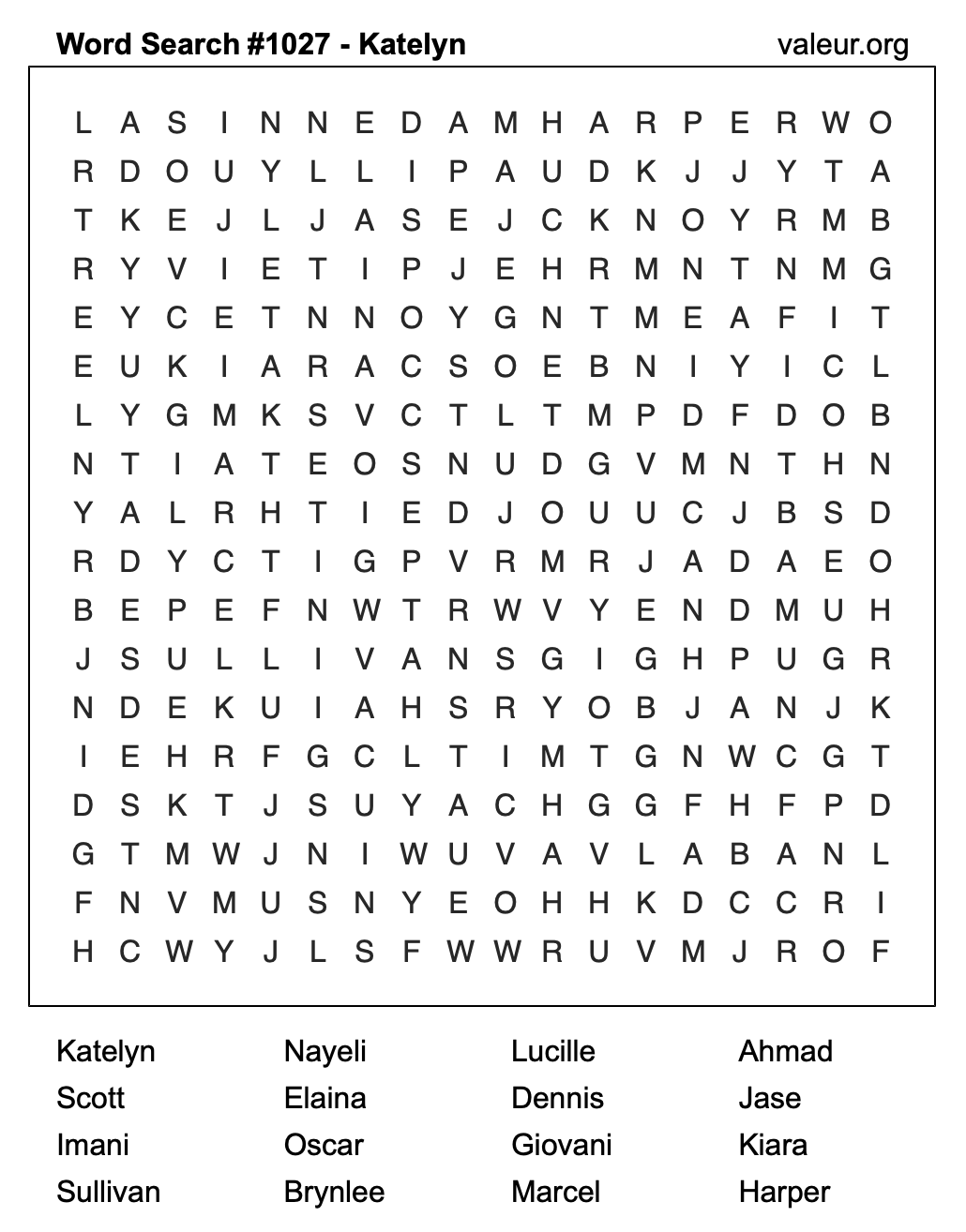Word Search Puzzle with the name Katelyn #1027