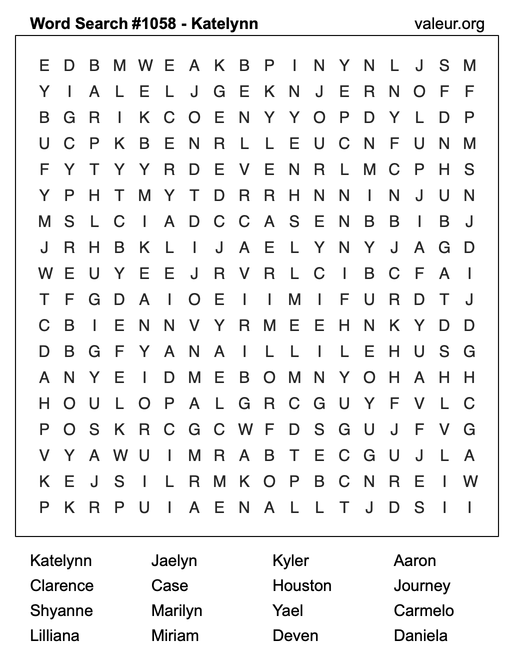 Word Search Puzzle with the name Katelynn #1058