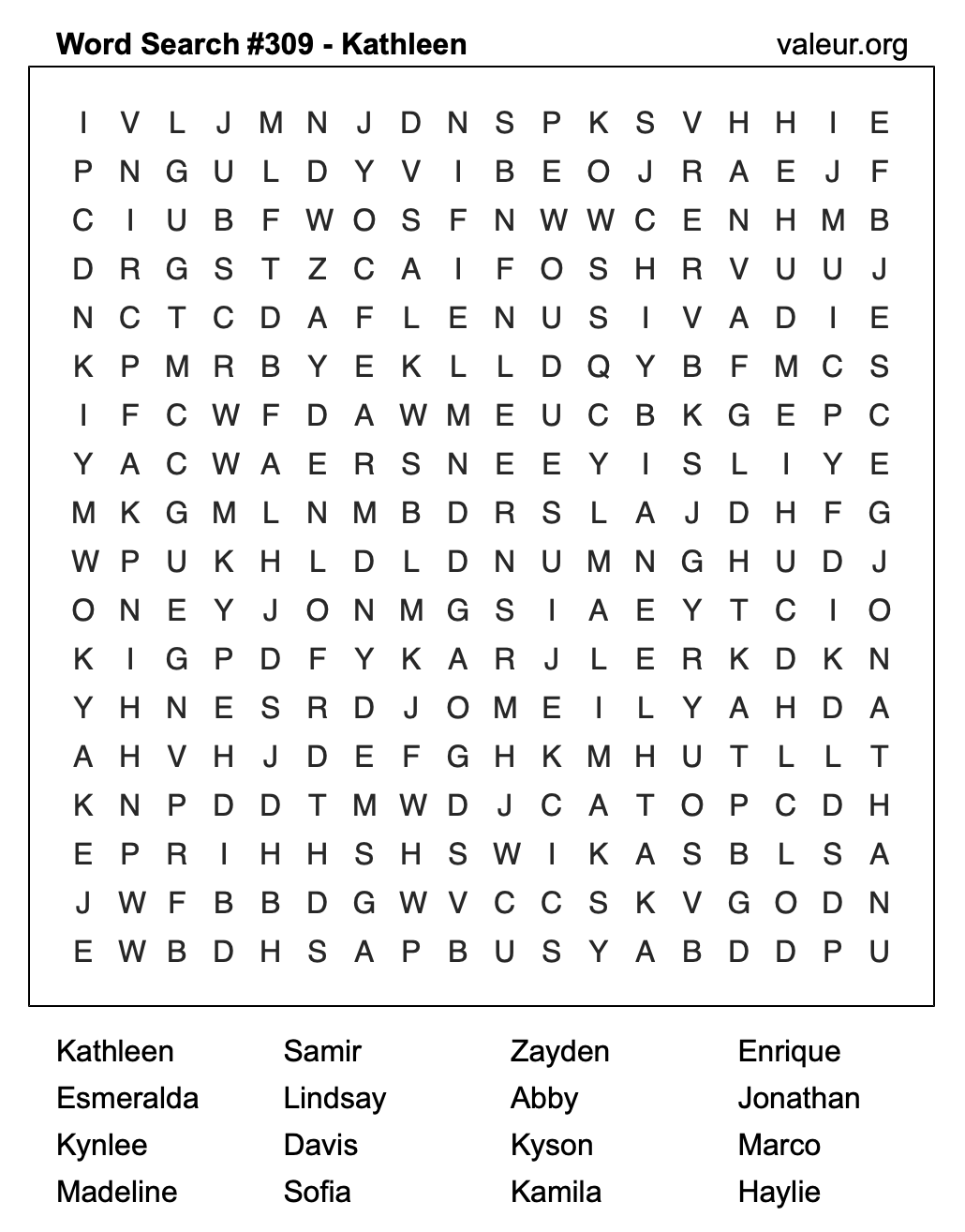 Word Search Puzzle with the name Kathleen #309