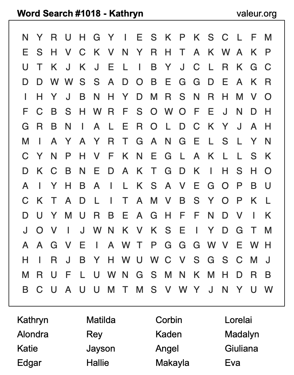 Word Search Puzzle with the name Kathryn #1018