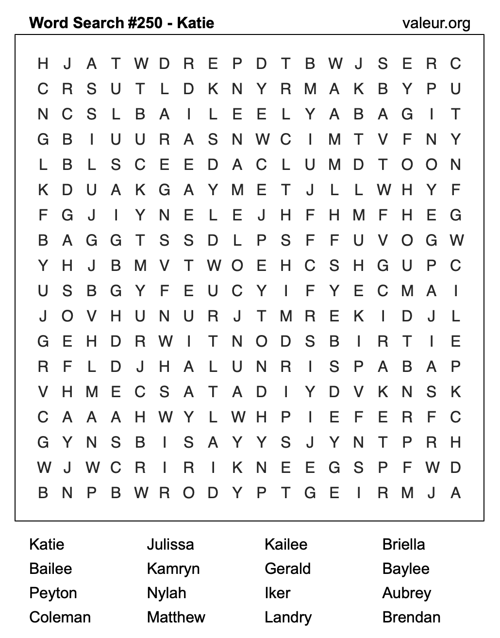 Word Search Puzzle with the name Katie #250 Word Search Puzzle with the name Katie #250