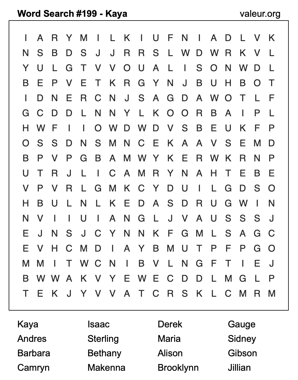 Word Search Puzzle with the name Kaya #199 Word Search Puzzle with the name Kaya #199