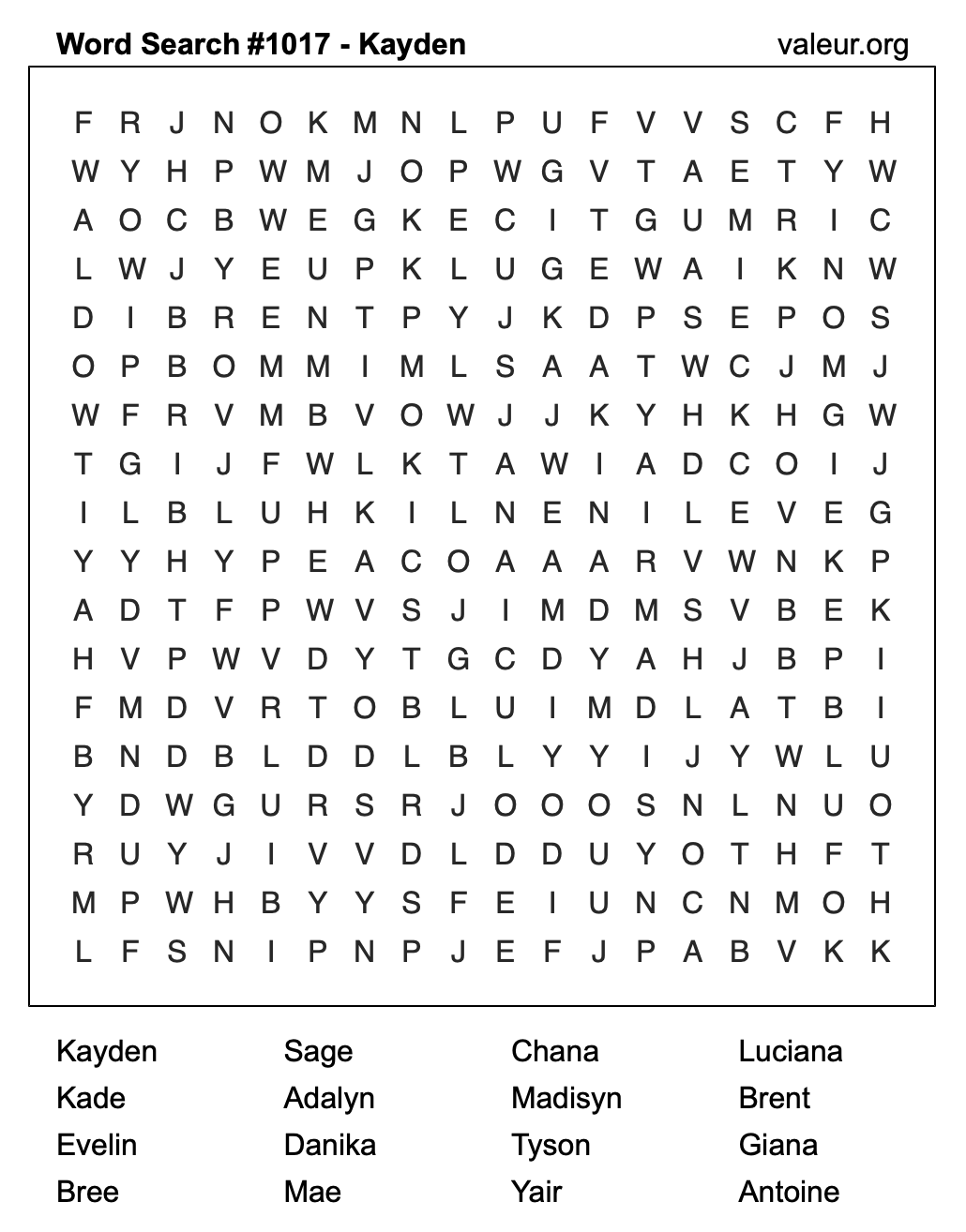 Word Search Puzzle with the name Kayden #1017