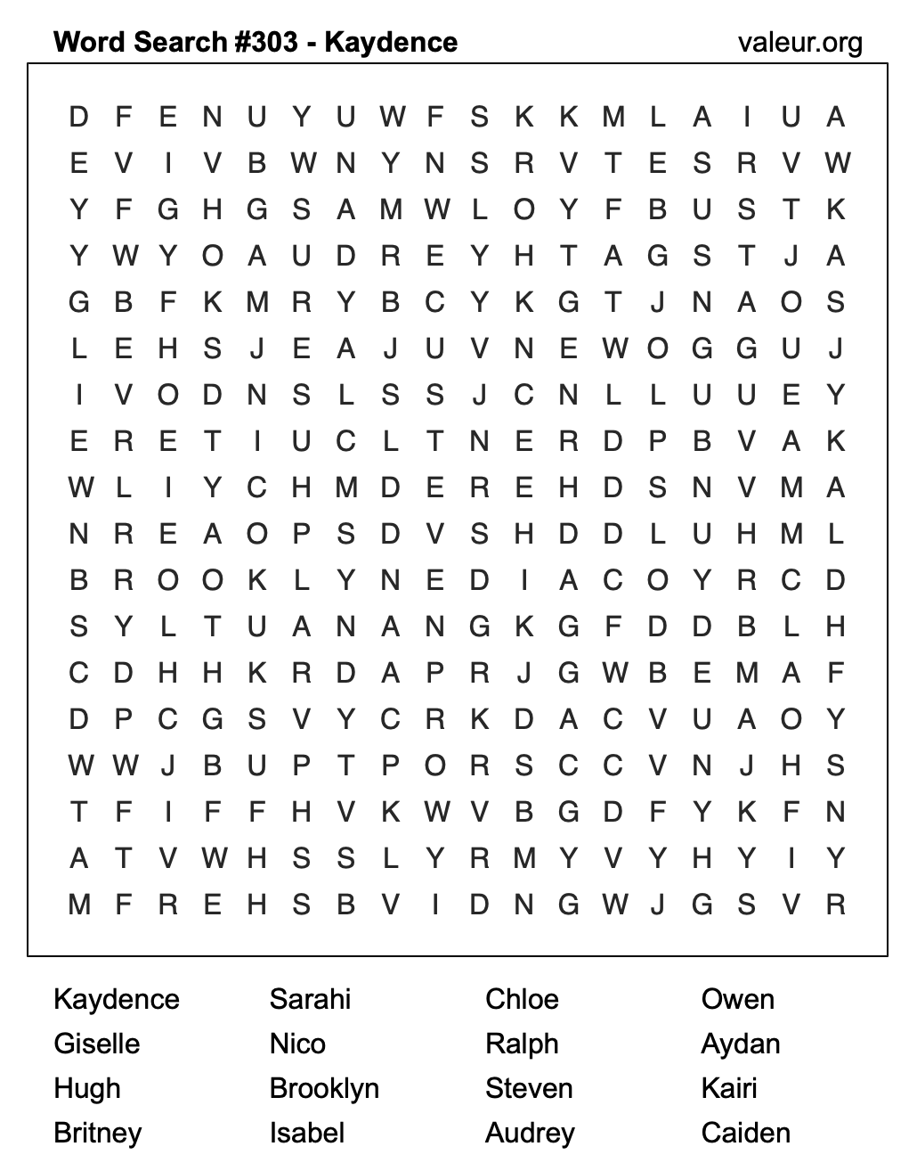 Word Search Puzzle with the name Kaydence #303