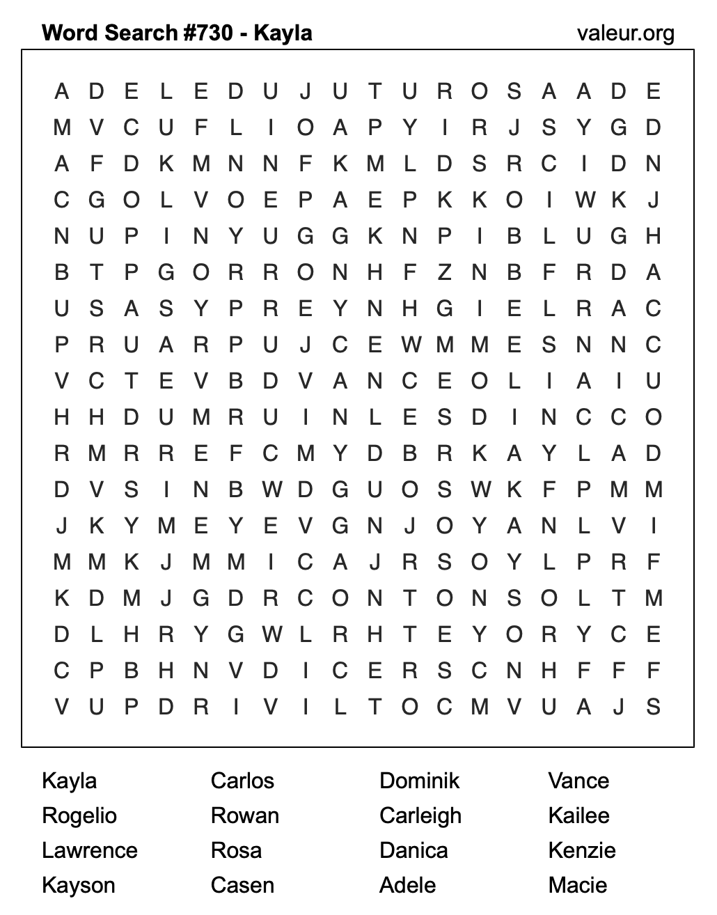 Word Search Puzzle with the name Kayla #730
