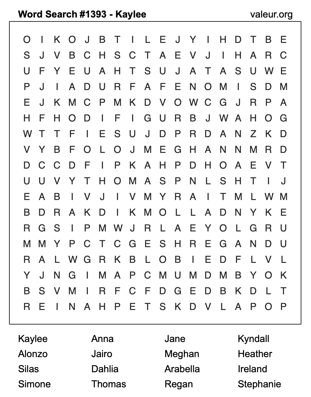 Word Search Puzzle with the name Kaylee #1393
