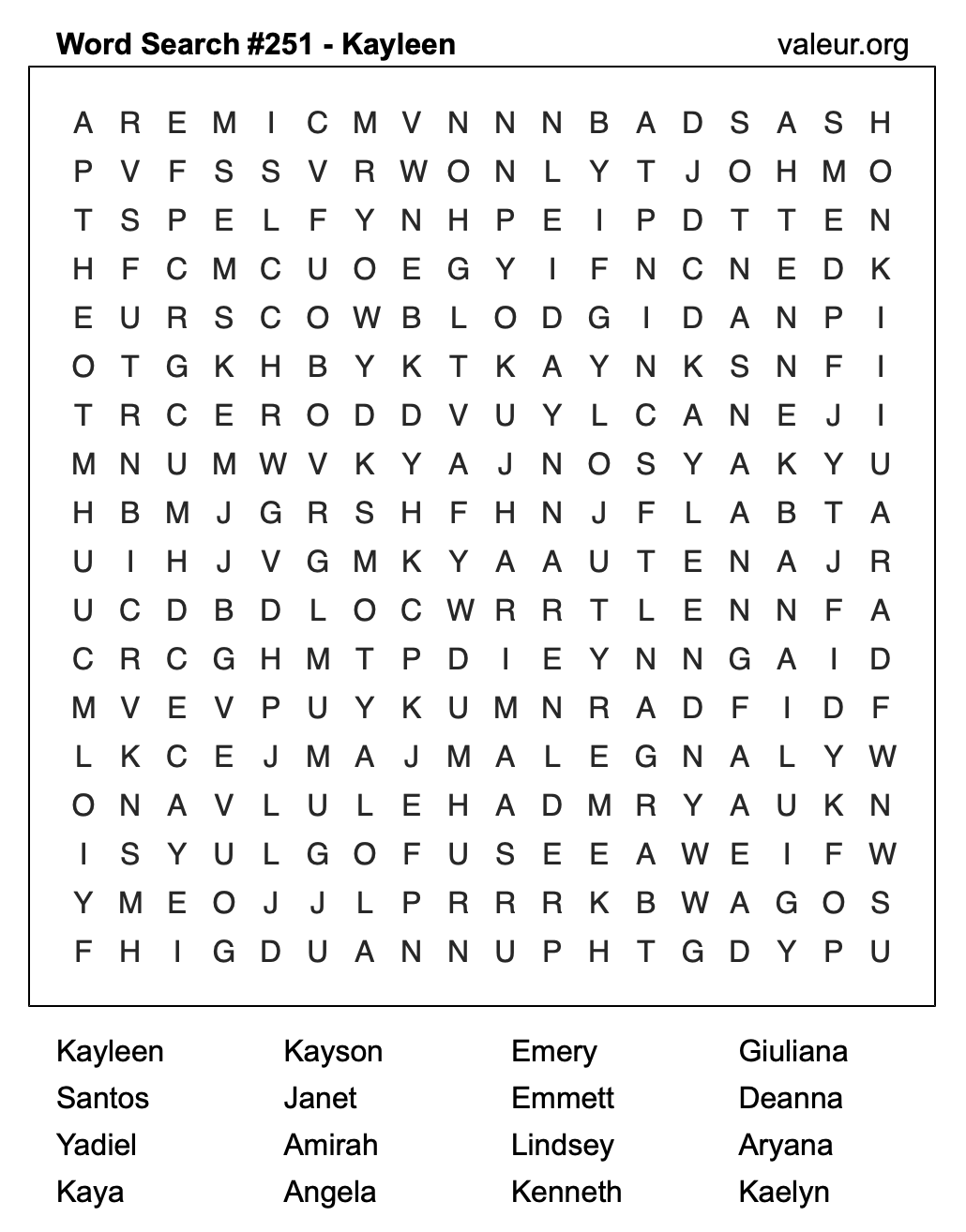 Word Search Puzzle with the name Kayleen #251