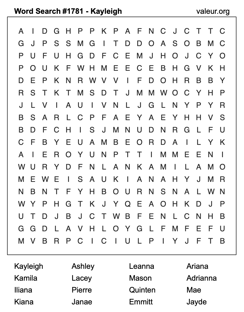 Word Search Puzzle with the name Kayleigh #1781 Word Search Puzzle with the name Kayleigh #1781