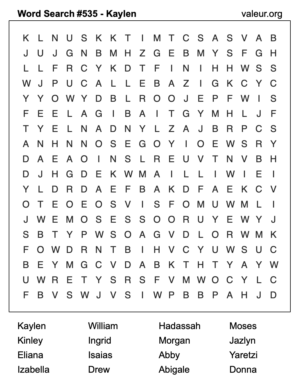 Word Search Puzzle with the name Kaylen #535