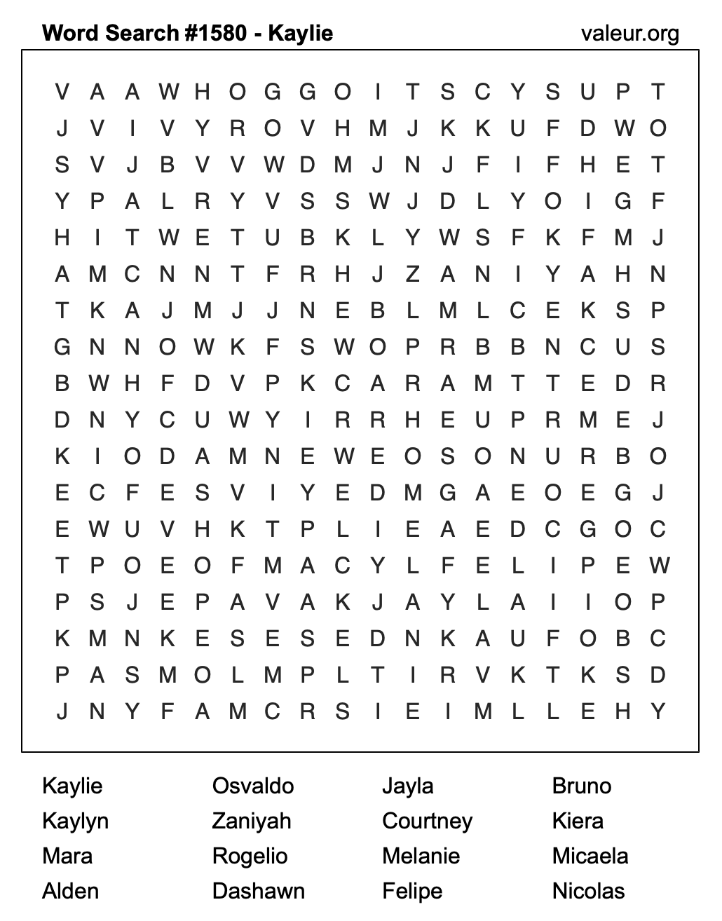 Word Search Puzzle with the name Kaylie #1580